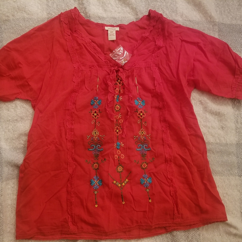 Sundance Red Floral Embroidered Top Blouse